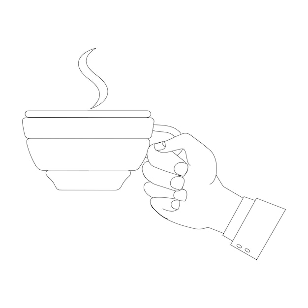 Arte de línea de mano sosteniendo una taza de plástico de bebida de café Taza de café en la mano Vector de línea minimalista