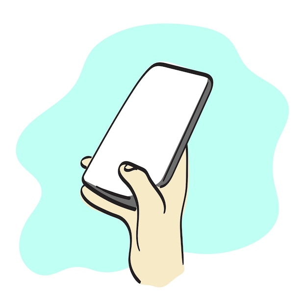 Vector arte de línea con la mano sujetando un teléfono inteligente con pantalla vacía ilustración vectorial dibujada a mano