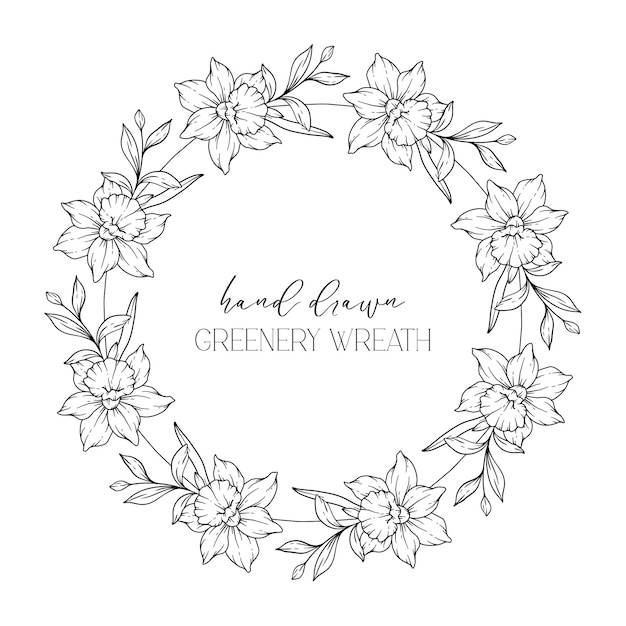Arte de línea de marco floral dibujado a mano Corona floral Dibujo de línea de vegetación Marcos de vegetación botánica