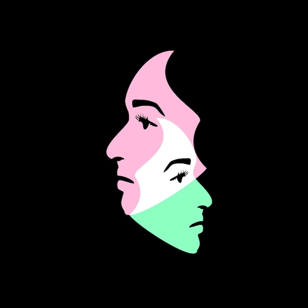 Arte de línea minimalista de la cara de las niñas con estilo de doble exposición Ilustración vectorial