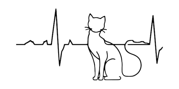 Arte de línea minimalista de un gato con pulso cardíaco Silueta simple de gato sentado y ECG Heartbe