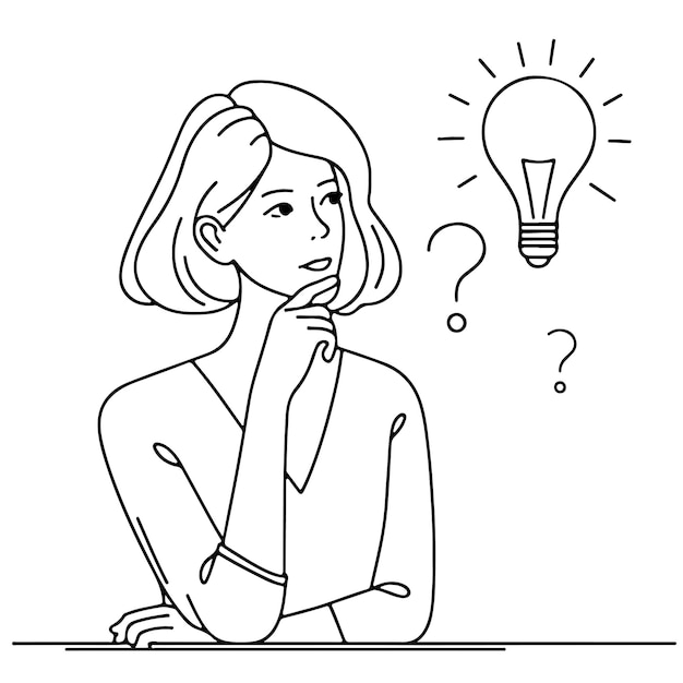 Arte de línea minimalista Mujer pensando con idea bombilla y signos de interrogación Concepto de resolución de problemas