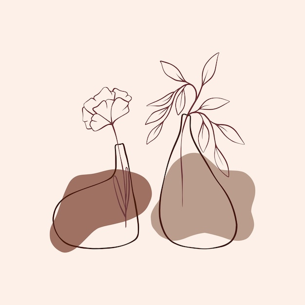 Arte de línea minimalista ollas de cerámica con hojas arte de línea vectorial