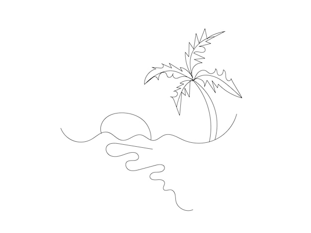 Arte de línea minimalista de una palmera y puesta de sol en la playa