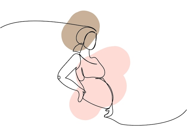 Arte de una línea de mujer embarazada con elementos coloridos Dibujo de línea continua de la preparación de la maternidad del embarazo para el parto modelo embarazada