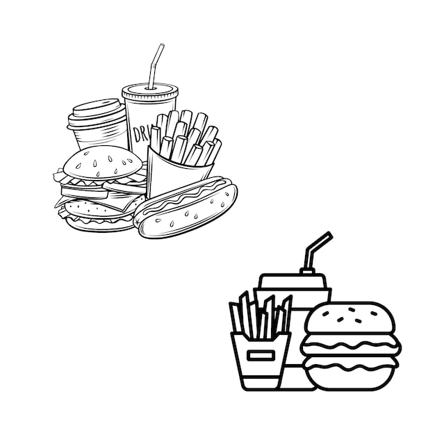Arte de línea negra y blanca dibujos de comida rápida hamburguesas papas fritas soda perrito caliente