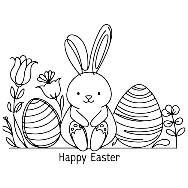 Arte de línea negra dibujado a mano conejo huevo de Pascua doodle estilo lineal elementos de ilustración vectorial uno con