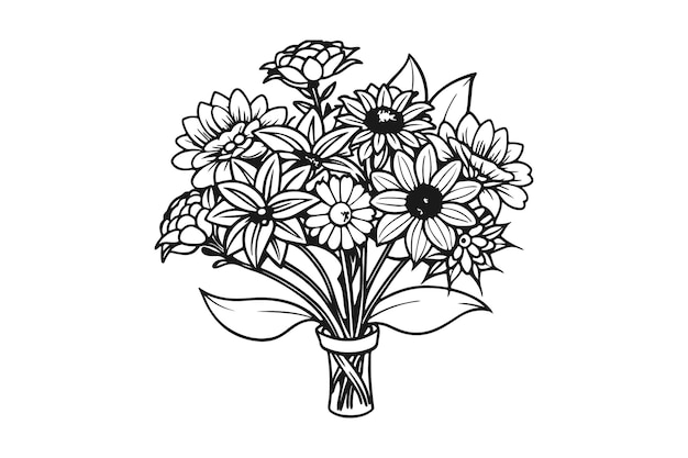 Arte de línea negra de una flor para niños libro de colorear página de colorear arte de garabateo en fondo blanco