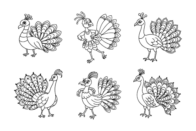 Arte de línea negra de un pavo real para niños dibujando un libro de colorear en fondo blanco