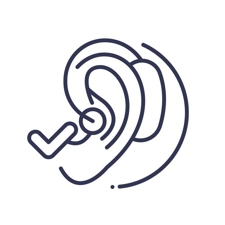 Vector arte de línea de una oreja con un audífono y una marca de comprobación