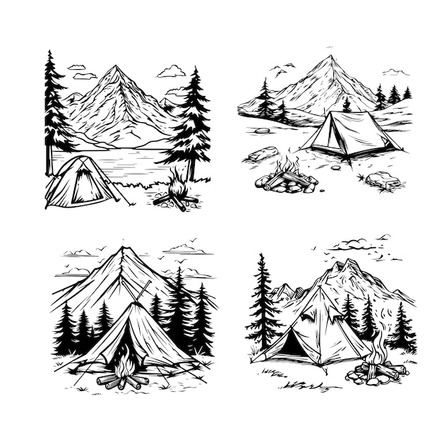 Arte de línea de paisaje de montaña dibujado a mano ilustración de aventura de campamento en el bosque
