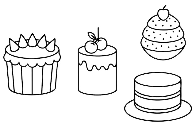 Arte de línea de pasteles que representa una ilustración dinámica de estilo lineal de panadería