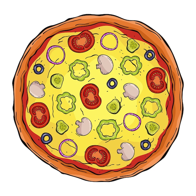 Arte de línea pizza vegetariana colorida aislada sobre un fondo blanco