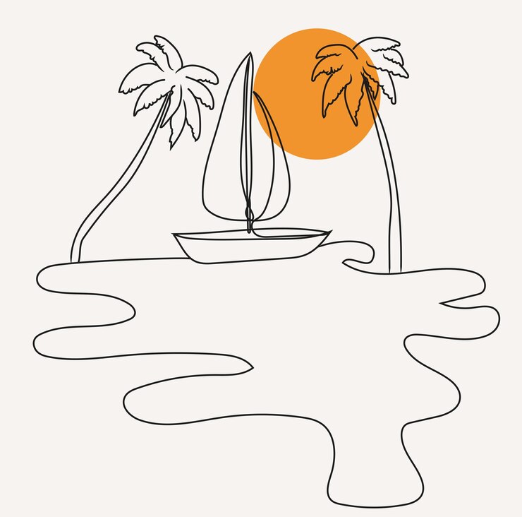 Vector arte de línea de playa minimalista, dibujo de contorno de paisaje, ilustración de paisaje, diseño vectorial, naturaleza,