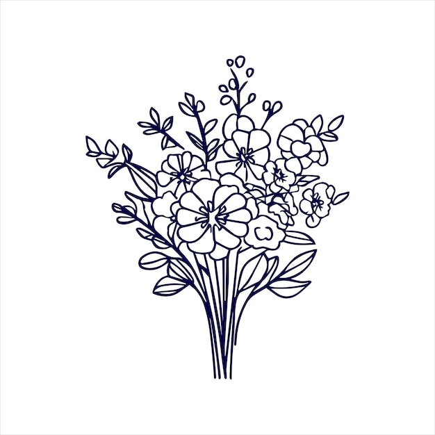 Vector arte de línea de ramos de flores con dibujo a mano