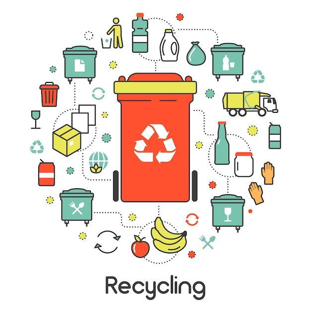 Arte de línea de reciclaje de residuos de basura Iconos de Vector fino con botes de basura