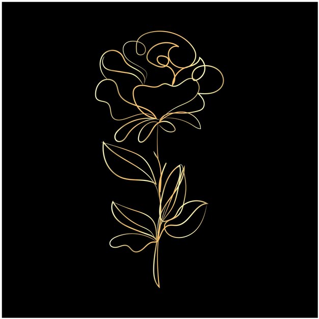 Arte de la línea de la rosa dorada en fondo negro