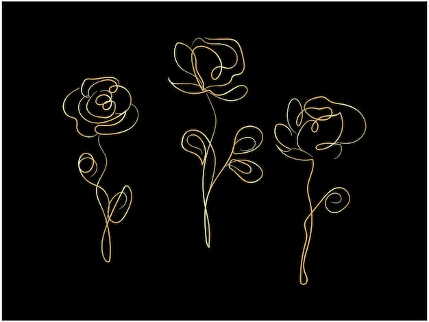 Arte de la línea de la rosa dorada en fondo negro