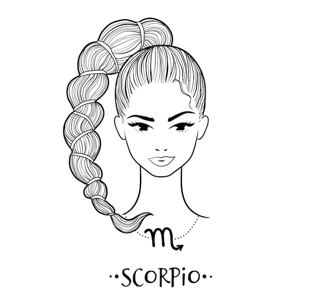 Vector arte de línea de signo del zodiaco de escorpión retrato facial femenino