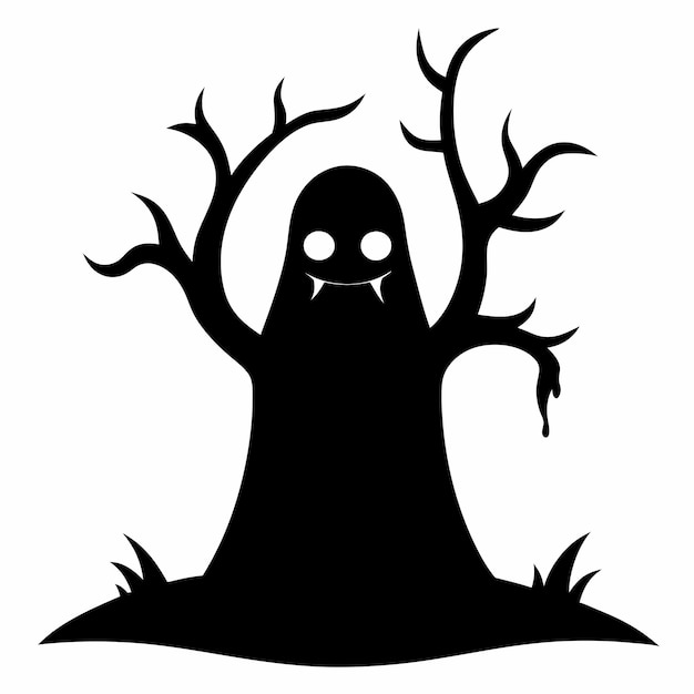 Arte de línea de silueta de Halloween Ilustración de fantasmas y árboles