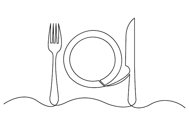 Arte de línea simple de un plato con tenedor y cuchillo