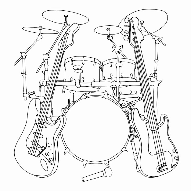 Arte de línea de tambor, dibujo de esquema musical, boceto simple de guitarra, ilustración musical, gráfico vectorial
