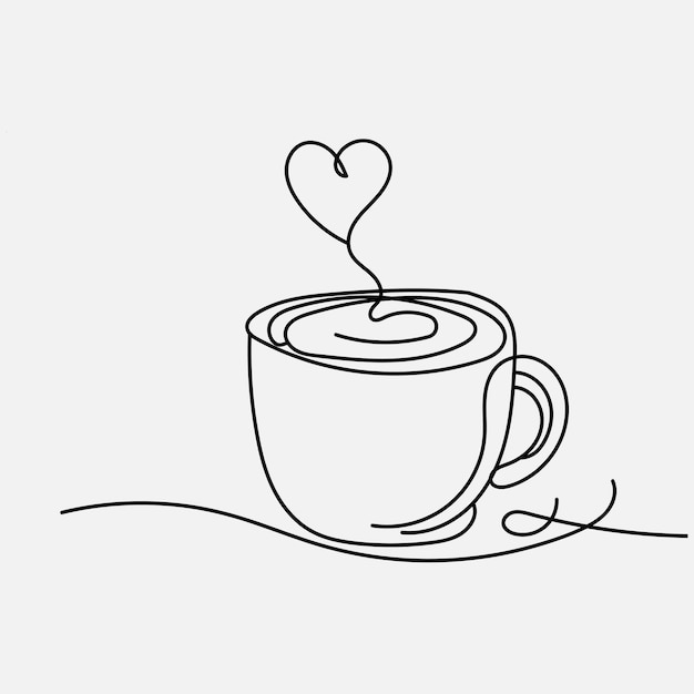Arte en línea de una taza de café dibujada a mano con un símbolo de corazón decorado en un diseño vectorial