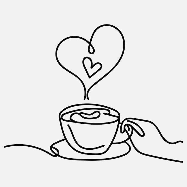Arte en línea de una taza de café dibujada a mano con un símbolo de corazón decorado en un diseño vectorial