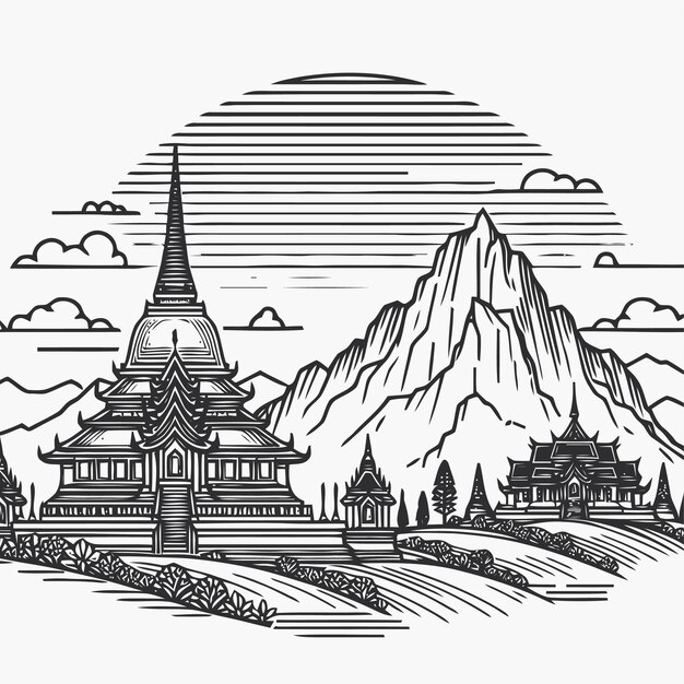 arte de una línea de templo budista