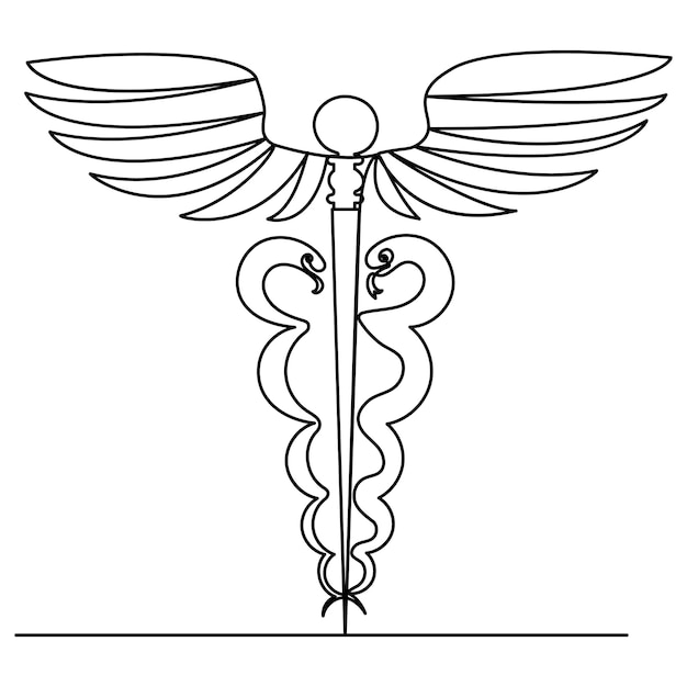 Arte de línea única de Caduceus dibujo continuo de una línea de icono vectorial de contorno aislado