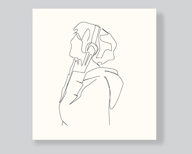 Arte de línea única continua de una línea de auriculares de uso de mujer