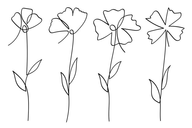 Arte de línea única flores colección botánica Ilustración vectorial dibujada a mano