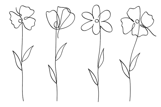 Arte de línea única flores colección botánica Ilustración vectorial dibujada a mano