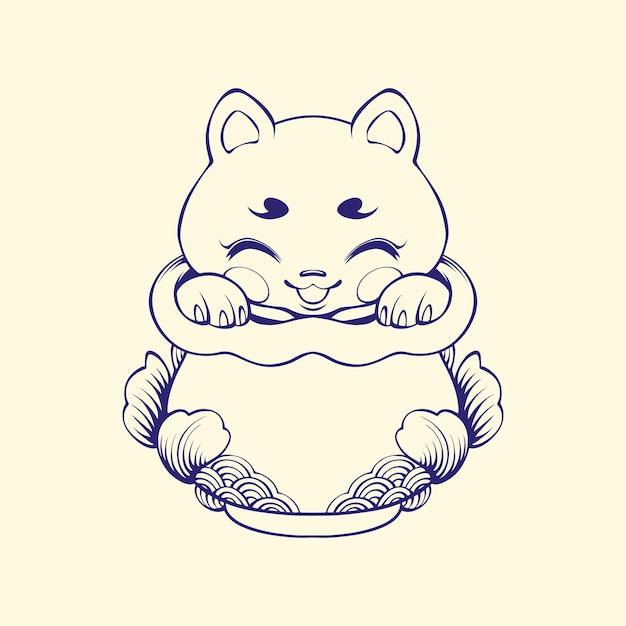 Arte de línea de vector de gato lindo japonés