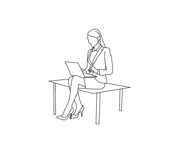 arte de línea vectorial de una mujer sentada trabajando en una computadora portátil en la oficina
