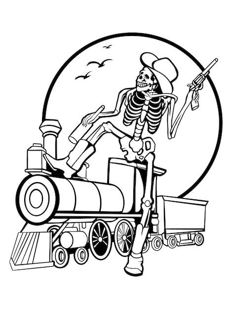 Arte lineal de una calavera en un tren