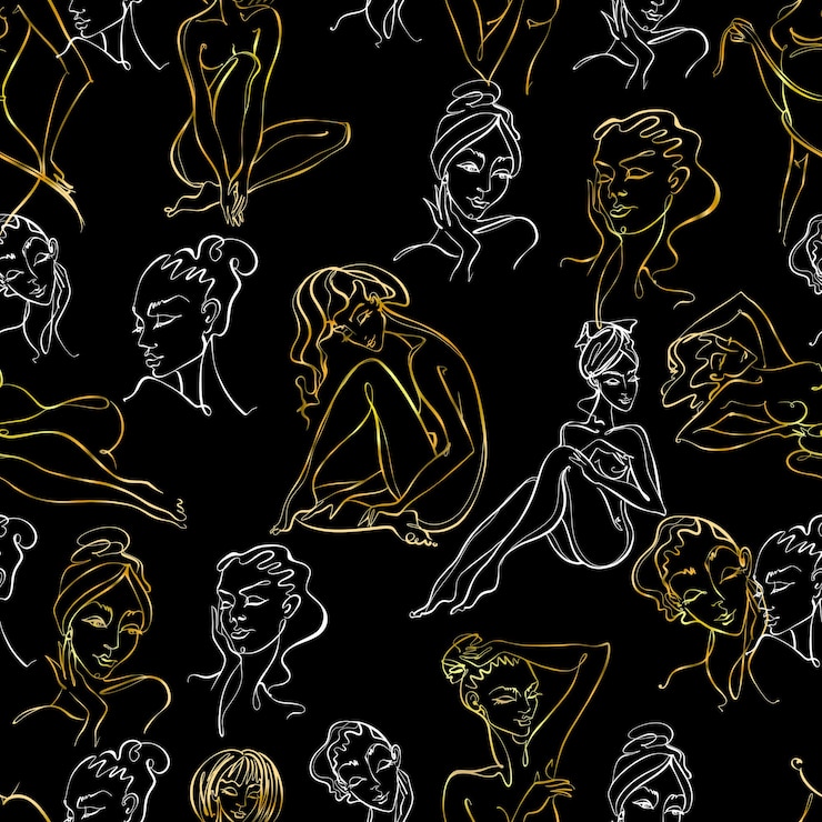Vector arte lineal. cuerpo de belleza. patrón transparente en oro sobre fondo negro. chicas hermosas. vector.