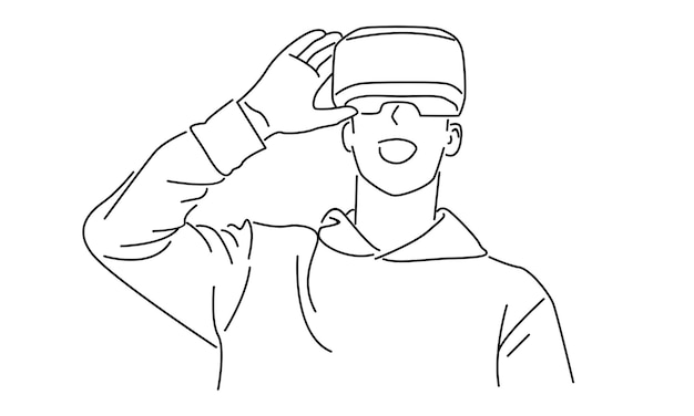 Arte lineal del hombre en gafas dispositivo realidad virtual ilustración vectorial