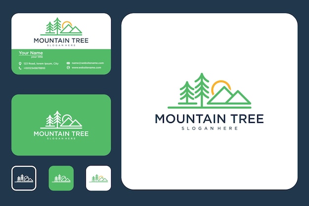 Arte lineal de montaña con diseño de logotipo de árbol y tarjeta de visita