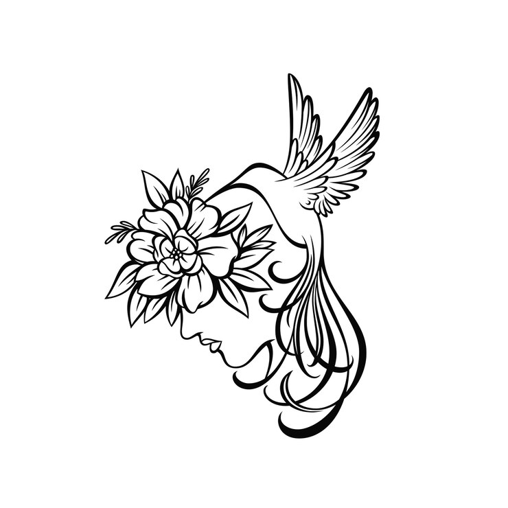 Vector arte lineal de mujer y colibrí