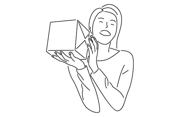 Arte lineal de mujer con ilustración de vector de caja de regalo