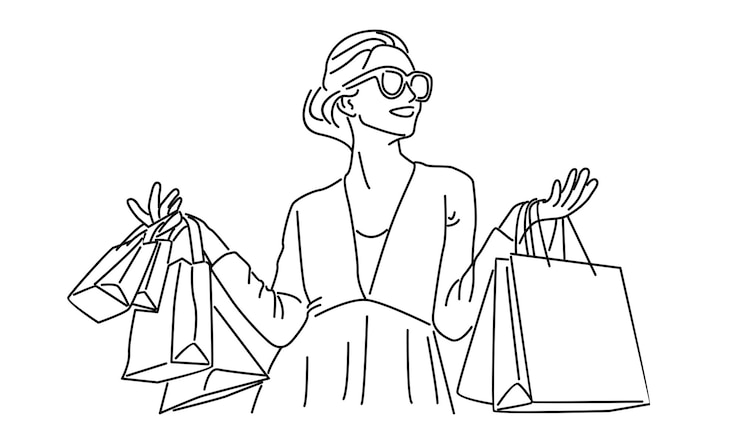 Vector arte lineal de mujer sosteniendo bolsas de papel