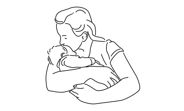 arte lineal de mujer sosteniendo a su bebé