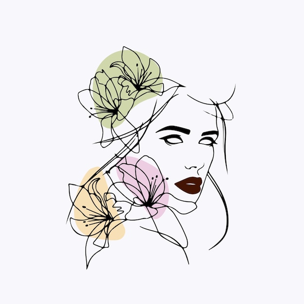 Arte lineal de mujeres y flores. Chica con flores y hojas de dibujo vectorial de una línea