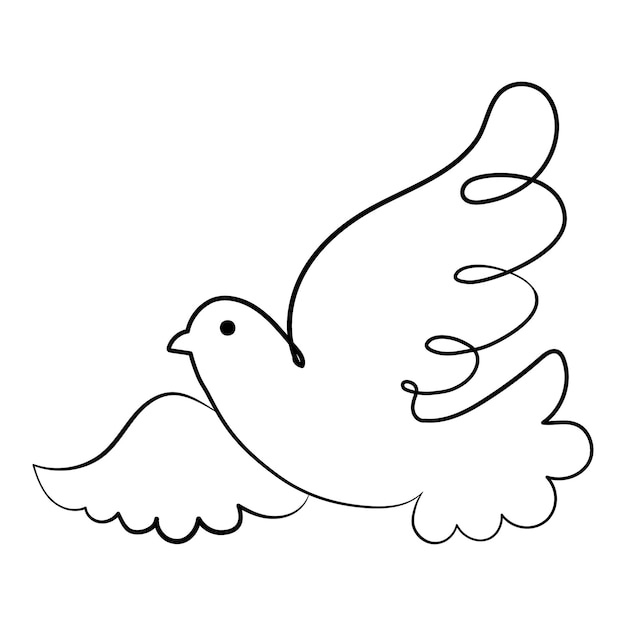 Arte lineal, paloma con ramita, pájaro de paz. ilustración en blanco y negro, vector