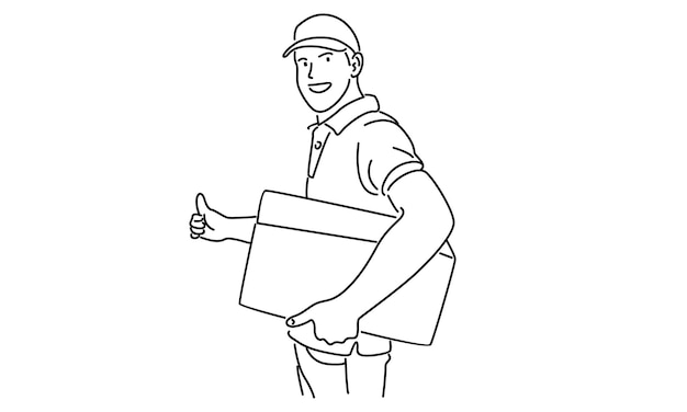 Vector arte lineal del repartidor de pie con paquetes de cajas de cartón
