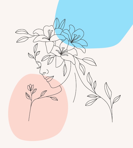 Vector arte lineal de rostro y flores de mujer hermosa