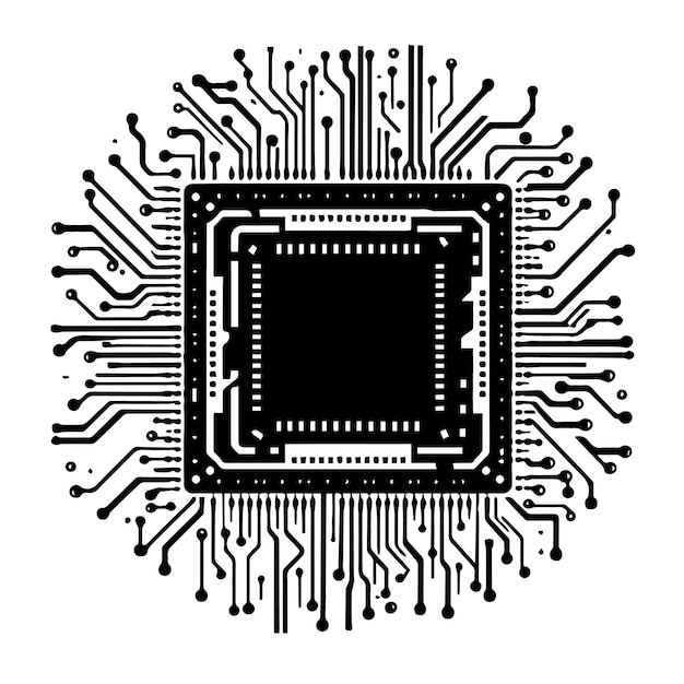 Arte de líneas en blanco y negro de un icono de CPU que representa el hardware y la tecnología de la computadora