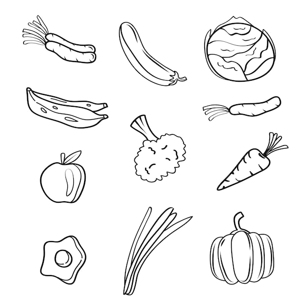 Arte de líneas dibujadas a mano de alimentos, frutas y verduras sobre fondo blanco Ilustración vectorial