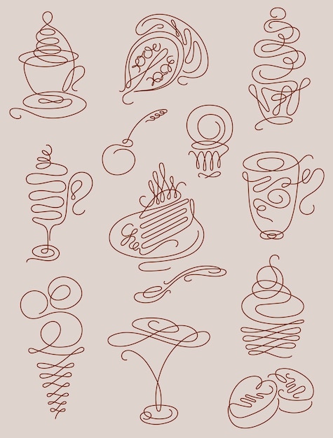 Arte de líneas dibujadas a mano con café, té, latte, capuchinos, pasteles, postres, chocolate, dulces, pasteles y helados para su diseño